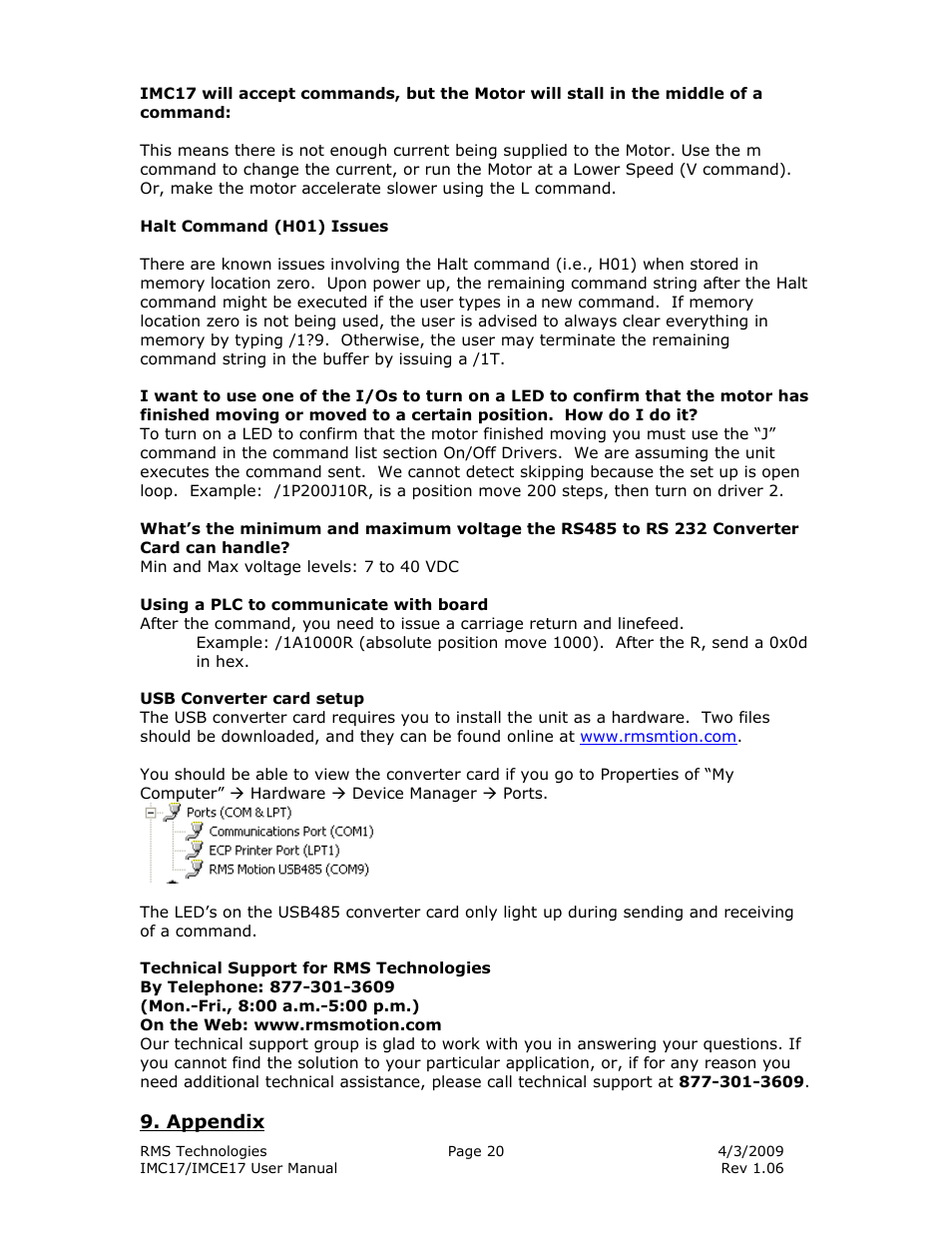 RMS Technologies IMC17 INTEGRATED MOTOR CONTROLLER/DRIVER User Manual | Page 20 / 23