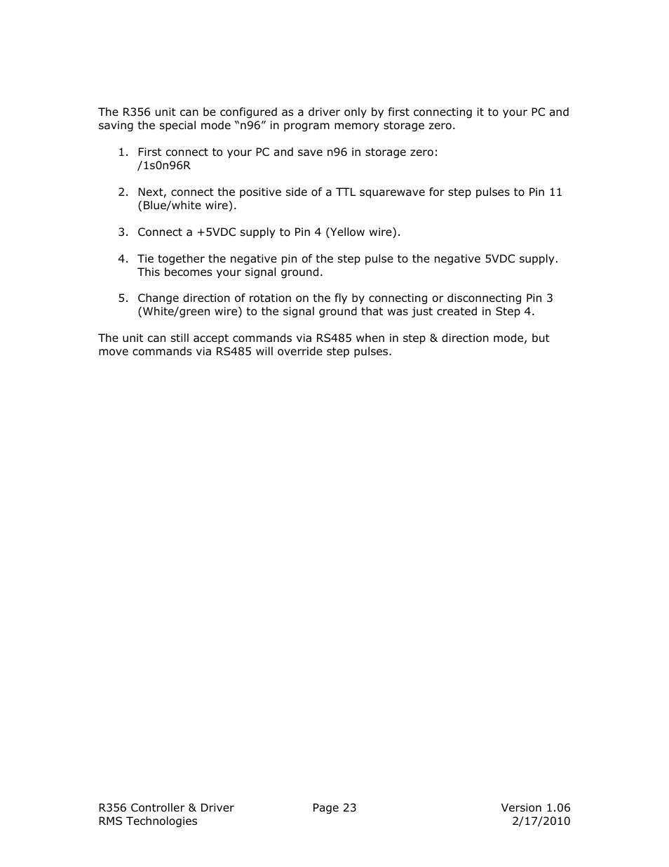 RMS Technologies IMCE23 INTERGRATED MOTOR+CONTROLLER +DRIVER+ENCOD User Manual | Page 23 / 23