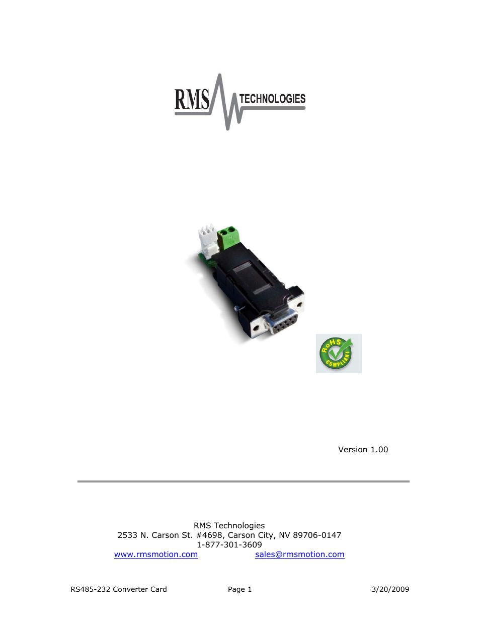 RMS Technologies ACC-03 RS485 TO RS232 CONVERTER CARD (ROHS) User Manual | 10 pages