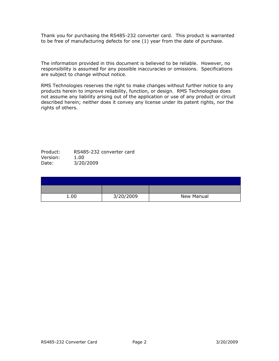 RMS Technologies ACC-03 RS485 TO RS232 CONVERTER CARD (ROHS) User Manual | Page 2 / 10
