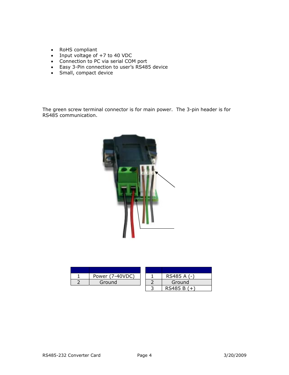 1 features, 2 pinouts | RMS Technologies ACC-03 RS485 TO RS232 CONVERTER CARD (ROHS) User Manual | Page 4 / 10
