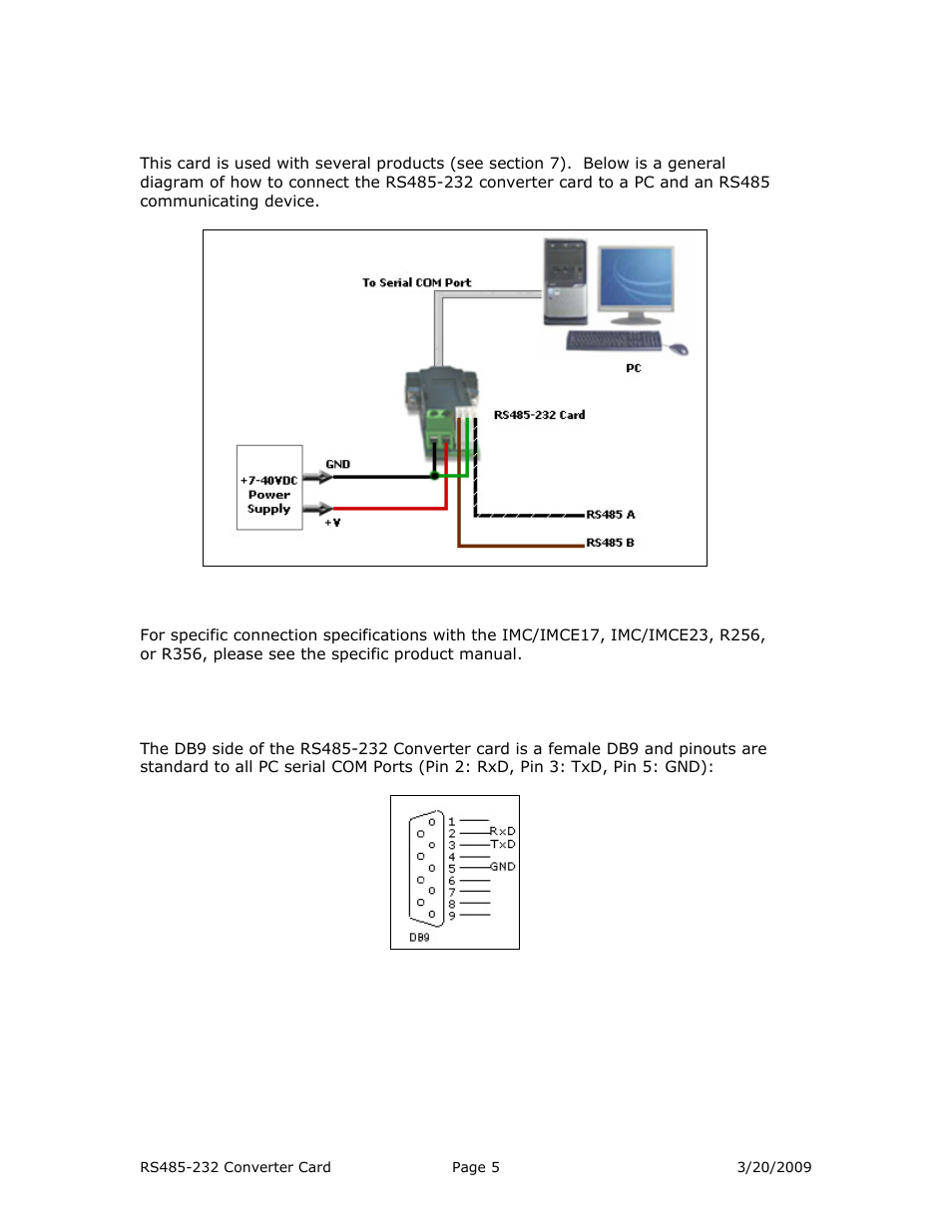 3 connection specifications, Serial com port | RMS Technologies ACC-03 RS485 TO RS232 CONVERTER CARD (ROHS) User Manual | Page 5 / 10