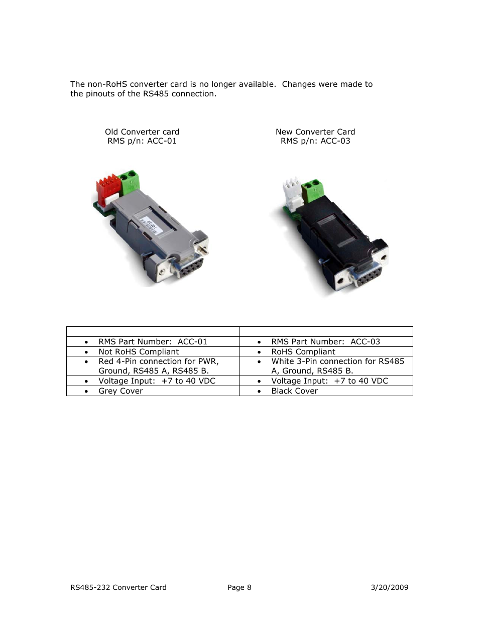 6 comparison with obsolete rs485-232 card, Description of change | RMS Technologies ACC-03 RS485 TO RS232 CONVERTER CARD (ROHS) User Manual | Page 8 / 10