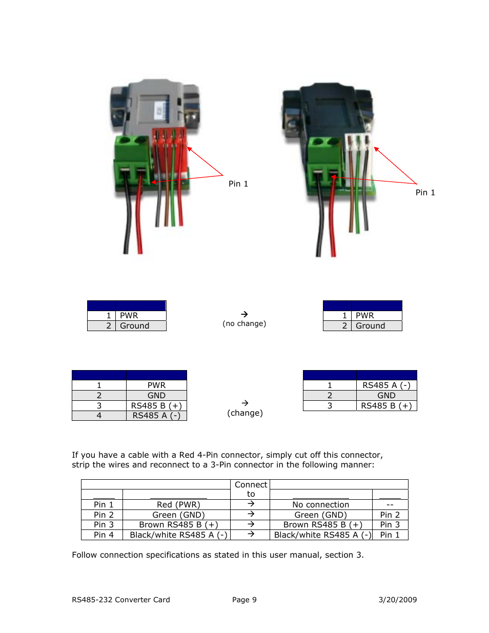 Pinout differences | RMS Technologies ACC-03 RS485 TO RS232 CONVERTER CARD (ROHS) User Manual | Page 9 / 10