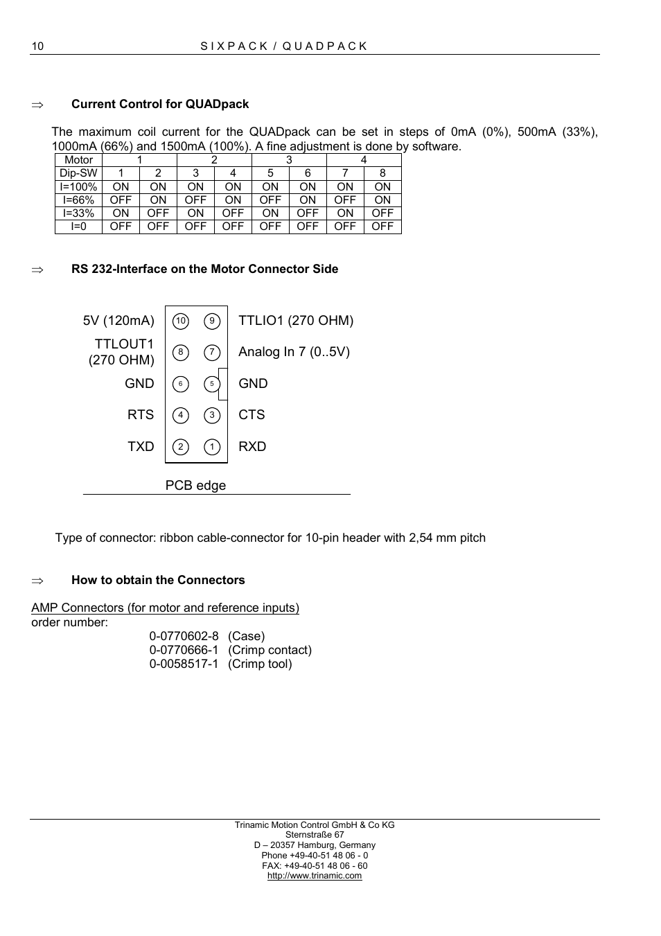 Current control for quadpack, Rs 232-interface on the motor connector side, How to obtain the connectors | RMS Technologies 4-AXIS CONTROLLER/DRIVER User Manual | Page 10 / 33