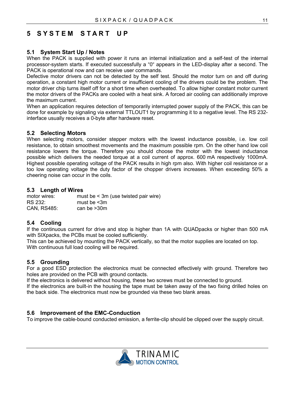 S y s t e m s t a r t u p, System start up / notes, Selecting motors | Length of wires, Cooling, Grounding, Improvement of the emc-conduction | RMS Technologies 4-AXIS CONTROLLER/DRIVER User Manual | Page 11 / 33