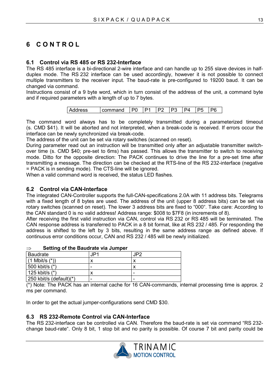 C o n t r o l, Control via rs 485 or rs 232-interface, Control via can-interface | Setting of the baudrate via jumper, Rs 232-remote control via can-interface, P r o g r a m m i n g | RMS Technologies 4-AXIS CONTROLLER/DRIVER User Manual | Page 13 / 33