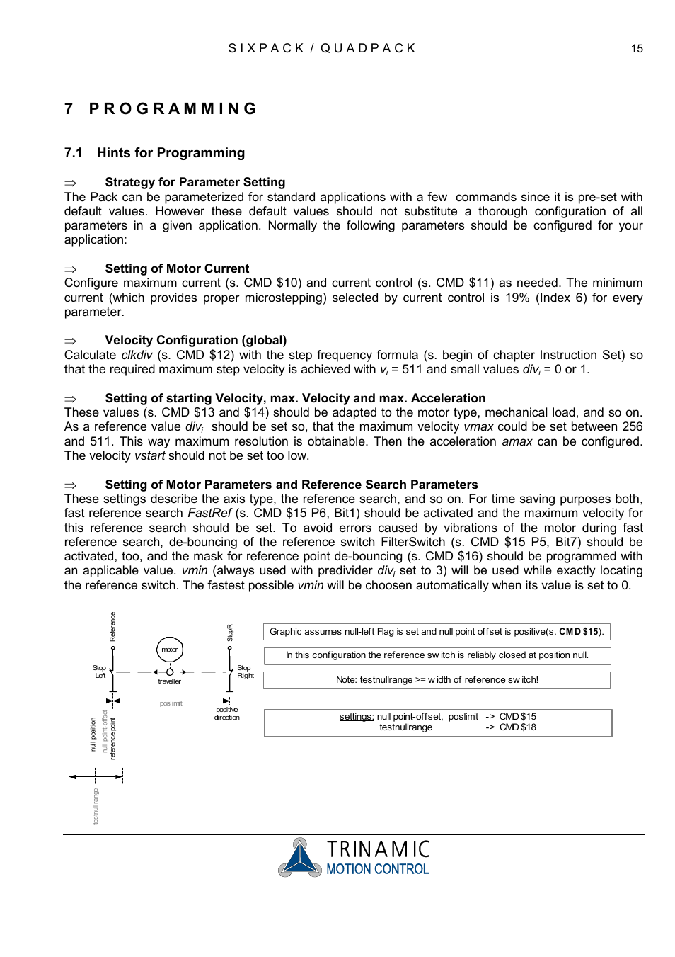 P r o g r a m m i n g, Hints for programming, Strategy for parameter setting | Setting of motor current, Velocity configuration (global), 1 hints for programming, 511 and small values div | RMS Technologies 4-AXIS CONTROLLER/DRIVER User Manual | Page 15 / 33