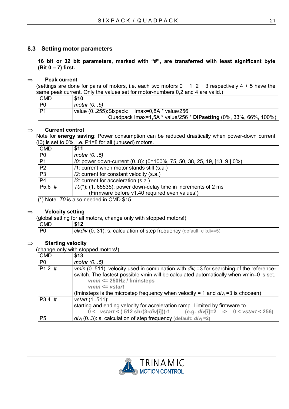 Setting motor parameters, Peak current, Current control | Velocity setting, Starting velocity, Driving ramps | RMS Technologies 4-AXIS CONTROLLER/DRIVER User Manual | Page 21 / 33