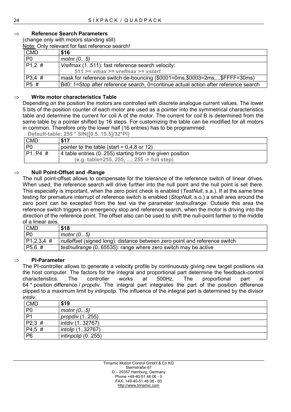 Reference search parameters, Write motor characteristics table, Null point-offset and -range | Pi-parameter | RMS Technologies 4-AXIS CONTROLLER/DRIVER User Manual | Page 24 / 33
