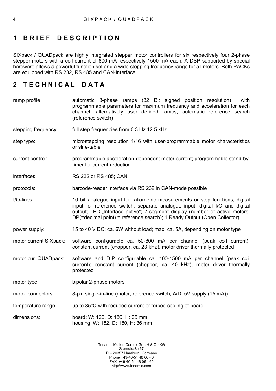 B r i e f d e s c r i p t i o n, T e c h n i c a l d a t a | RMS Technologies 4-AXIS CONTROLLER/DRIVER User Manual | Page 4 / 33