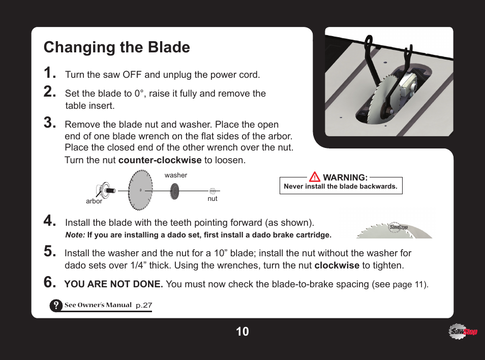 Changing the blade | SawStop SawStop User Manual | Page 10 / 13