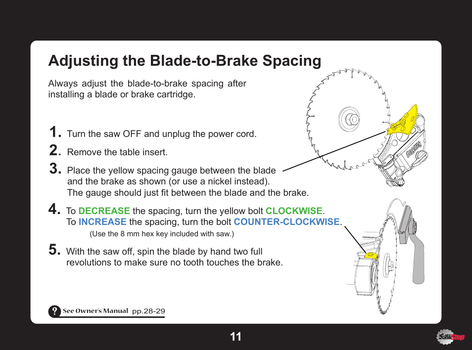 Adjusting the blade-to-brake spacing | SawStop SawStop User Manual | Page 11 / 13