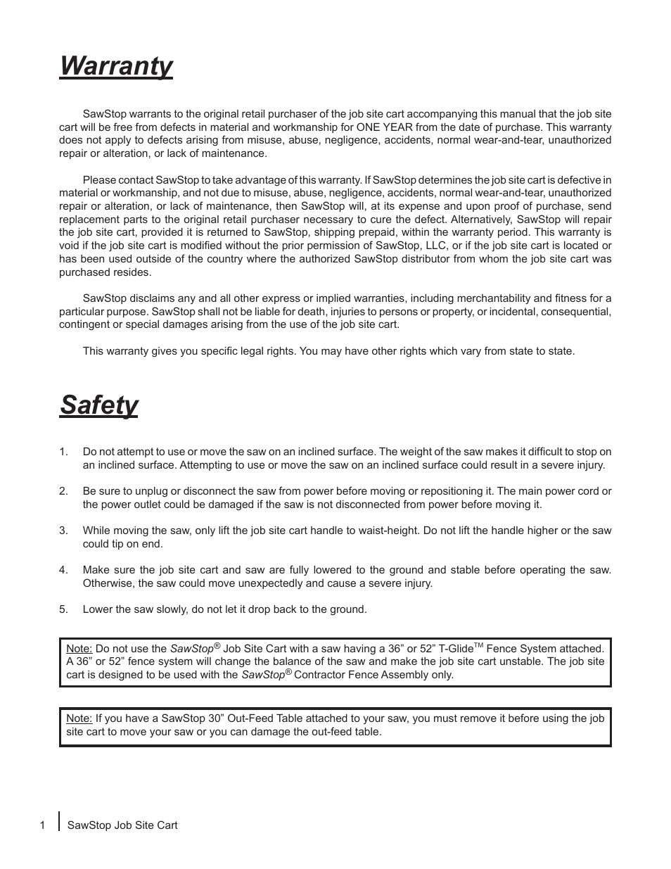 Safety, Warranty | SawStop Job Site Cart User Manual | Page 2 / 12