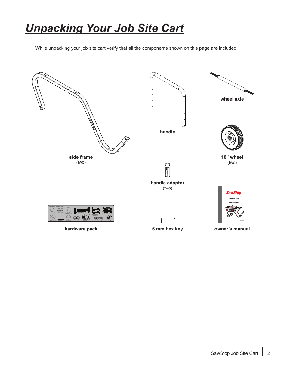 Unpacking your job site cart, Sawstop job site cart 2, 10” wheel | Hardware pack owner’s manual side frame, Handle wheel axle handle adaptor, 6 mm hex key, Sawstop, Model cns-jsc, Two) | SawStop Job Site Cart User Manual | Page 3 / 12