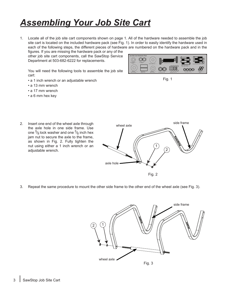 Assembling your job site cart, Fig. 3, Lock washer and one | 3 sawstop job site cart, Side frame wheel axle side frame wheel axle, Axle hole | SawStop Job Site Cart User Manual | Page 4 / 12