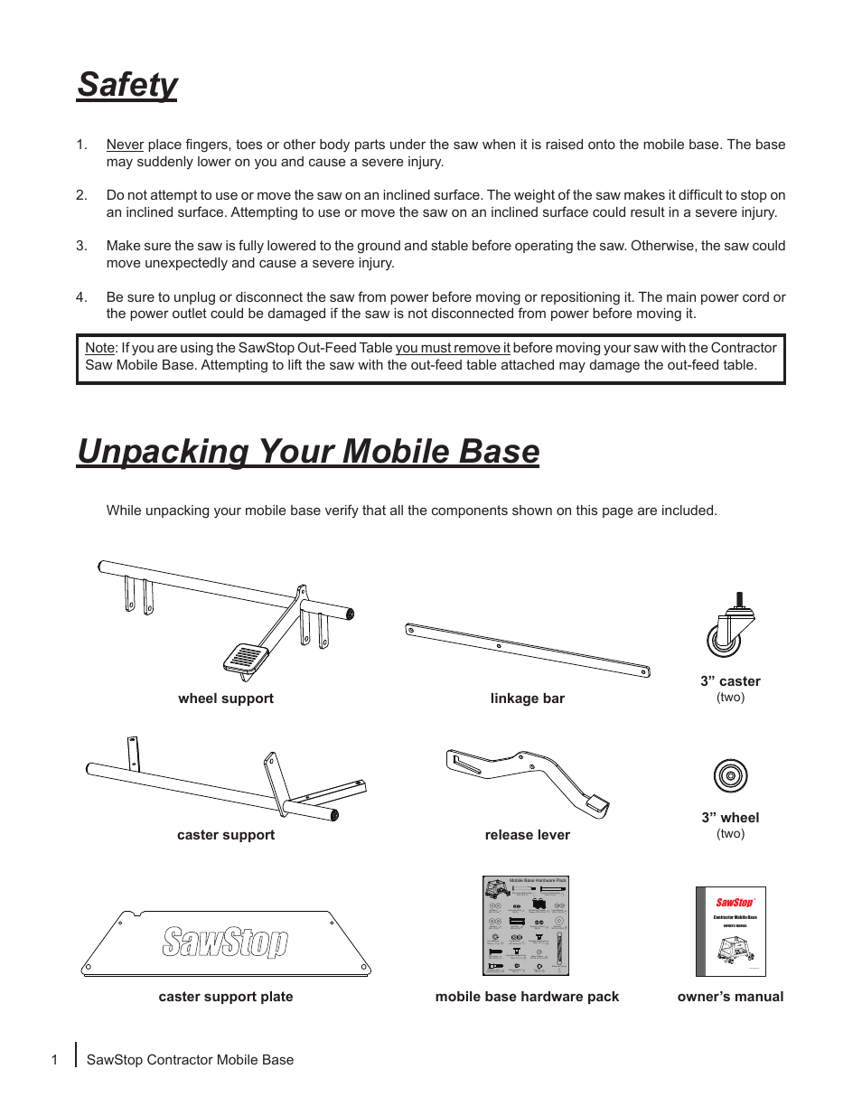 Sawstop, Unpacking your mobile base safety, 1 sawstop contractor mobile base | 3” wheel | SawStop Mobile Base User Manual | Page 2 / 12