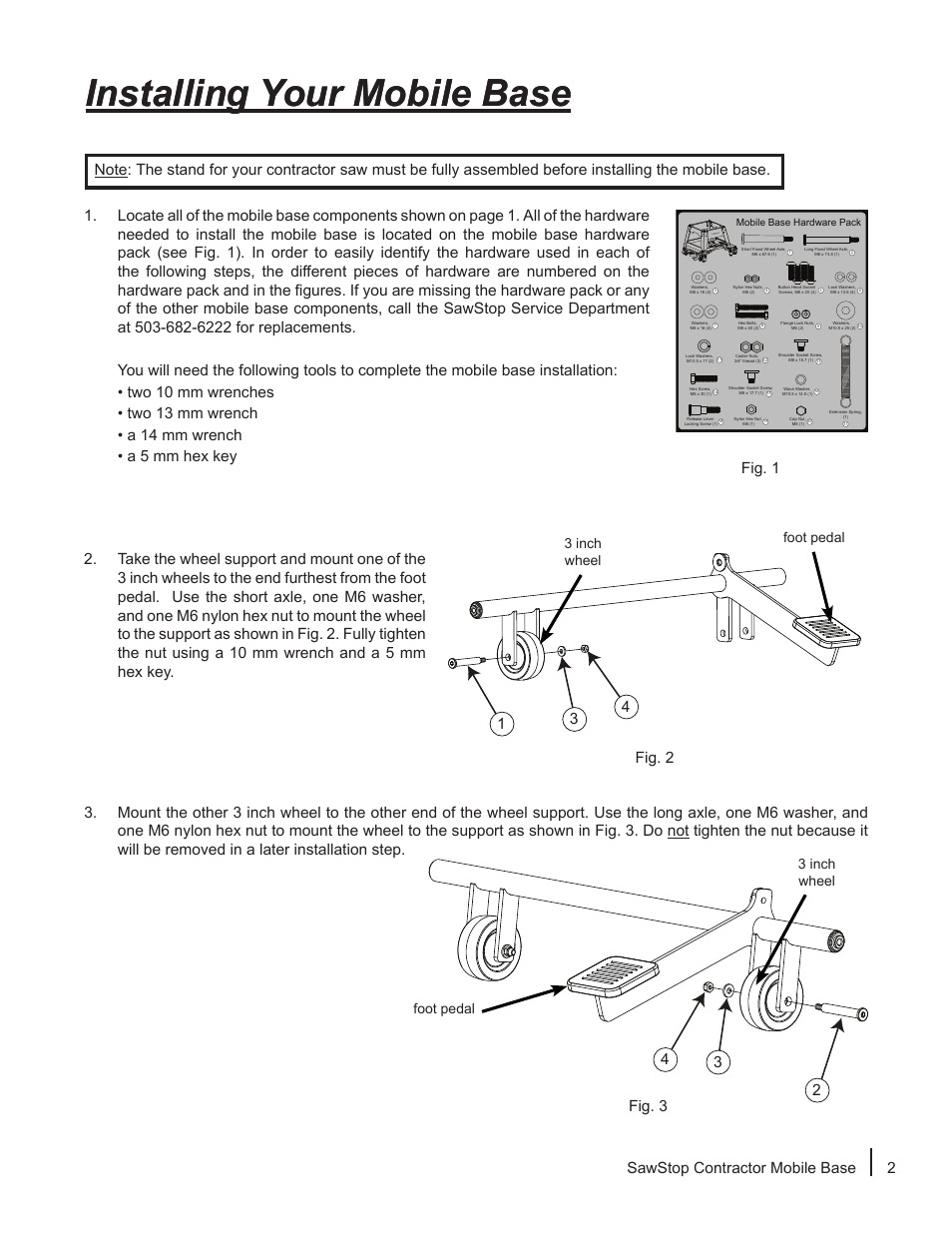 Installing your mobile base, Sawstop contractor mobile base 2 | SawStop Mobile Base User Manual | Page 3 / 12