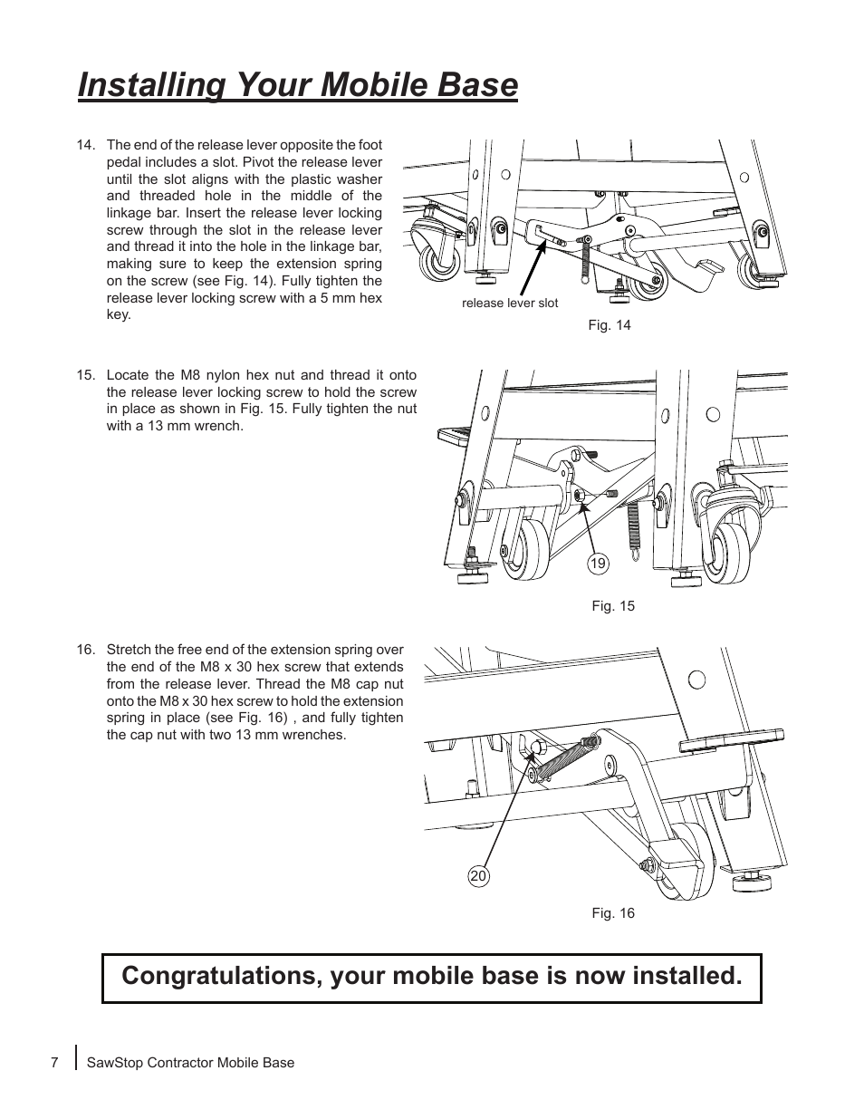 Installing your mobile base | SawStop Mobile Base User Manual | Page 8 / 12