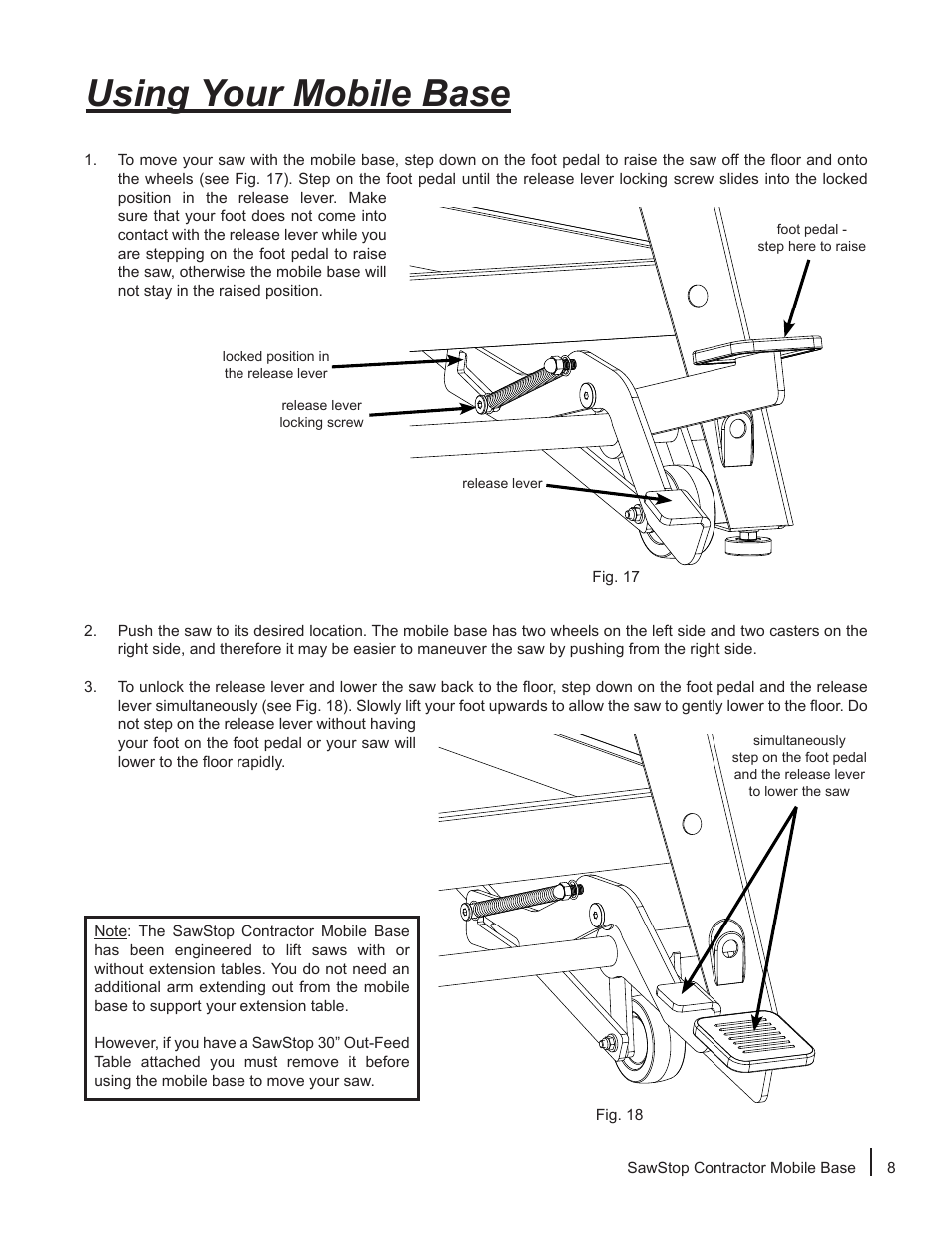 Using your mobile base | SawStop Mobile Base User Manual | Page 9 / 12