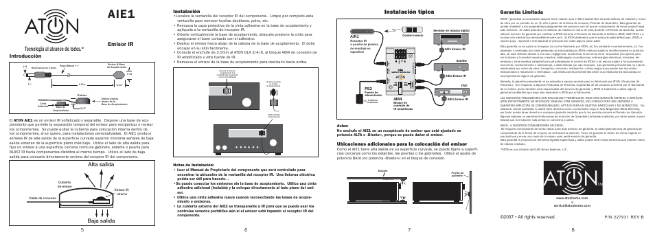 Aie1, Tecnología al alcance de todos, Emisor ir | Instalación típica, Alta salida baja salida, Introducción, Instalación, 8garantía limitada | ATON IR Emitter AIE1 User Manual | Page 2 / 2
