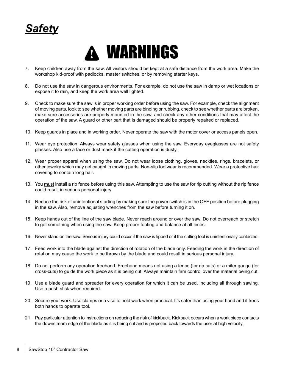 Warnings, Safety | SawStop CNS175-AU User Manual | Page 10 / 112