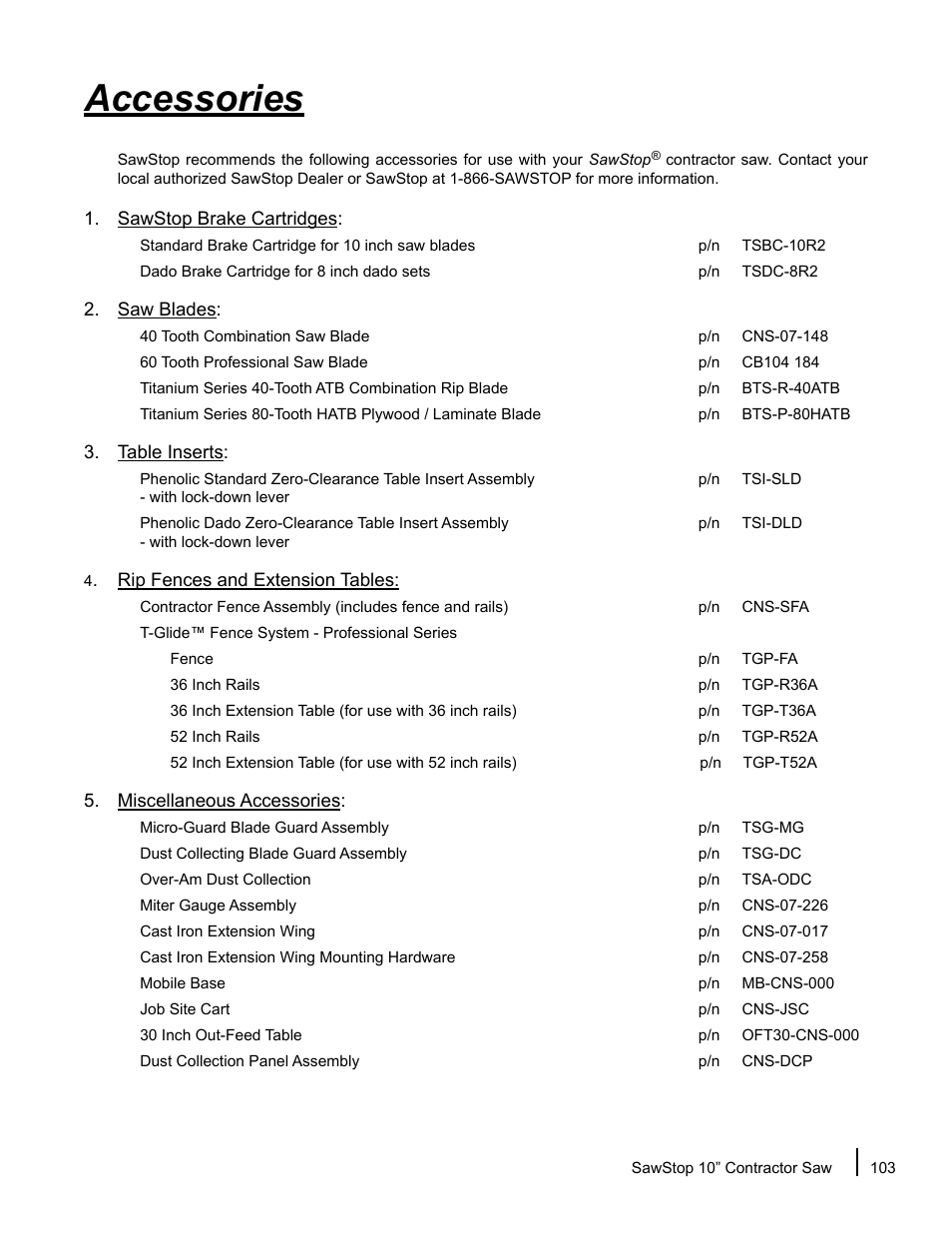 Accessories | SawStop CNS175-AU User Manual | Page 105 / 112