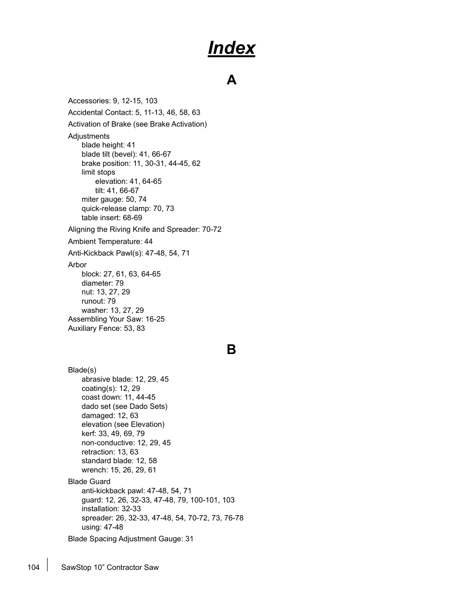 Index | SawStop CNS175-AU User Manual | Page 106 / 112