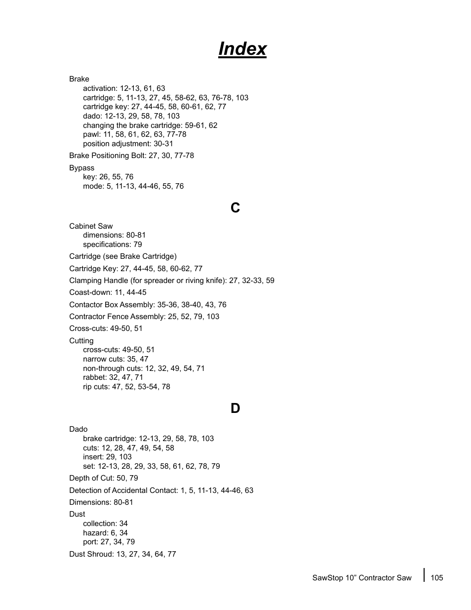 Index | SawStop CNS175-AU User Manual | Page 107 / 112