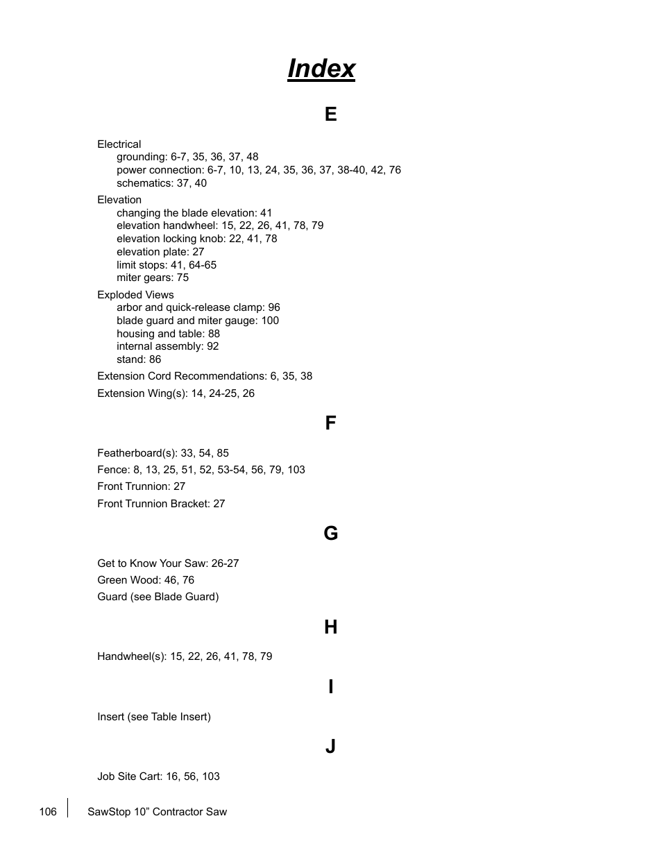 Index | SawStop CNS175-AU User Manual | Page 108 / 112