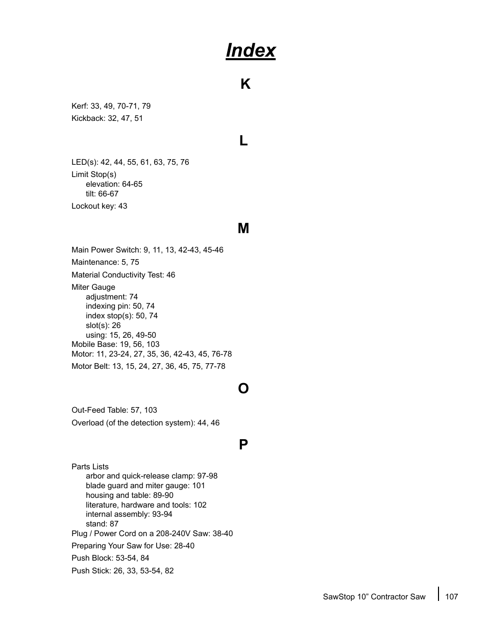 Index | SawStop CNS175-AU User Manual | Page 109 / 112