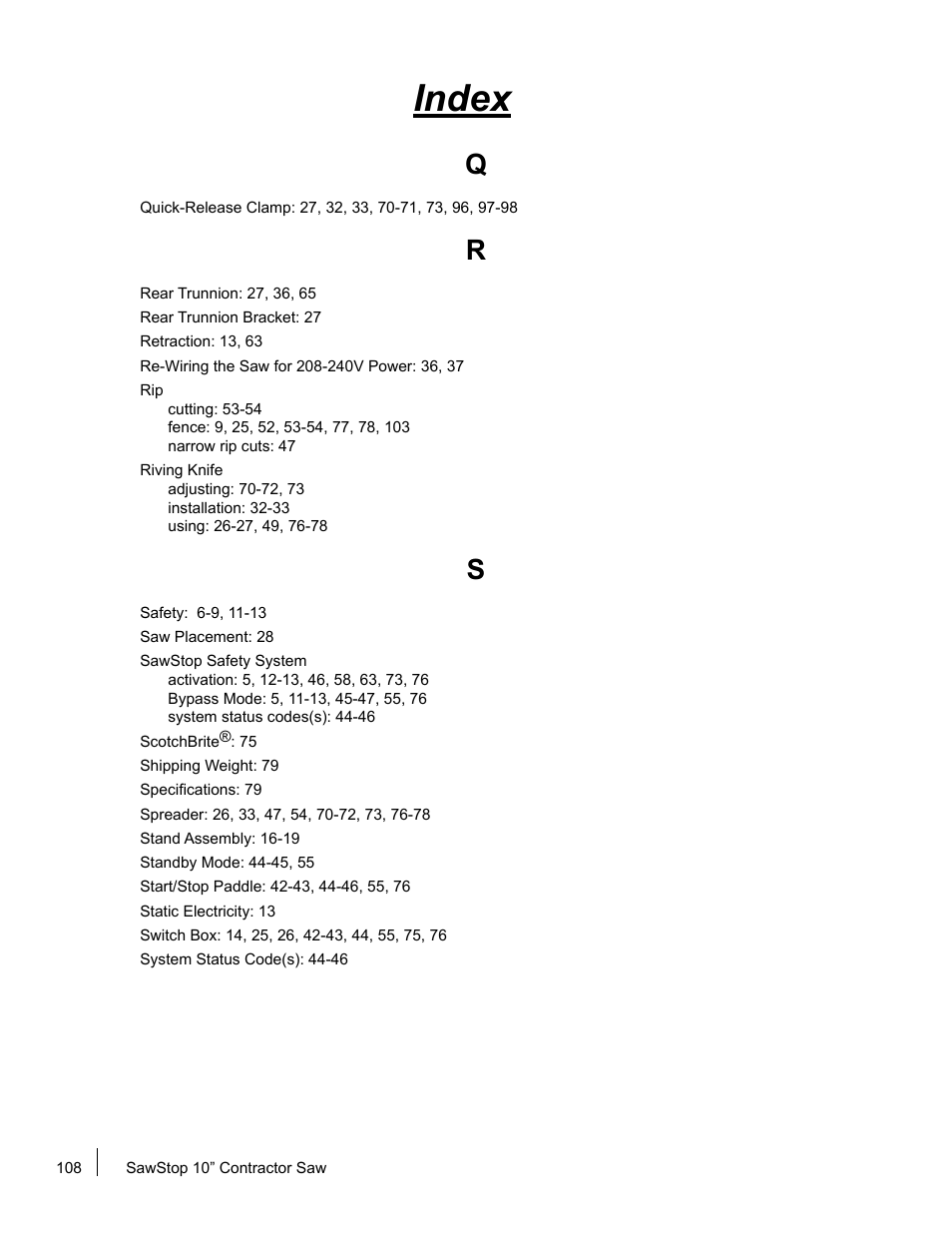 Index | SawStop CNS175-AU User Manual | Page 110 / 112