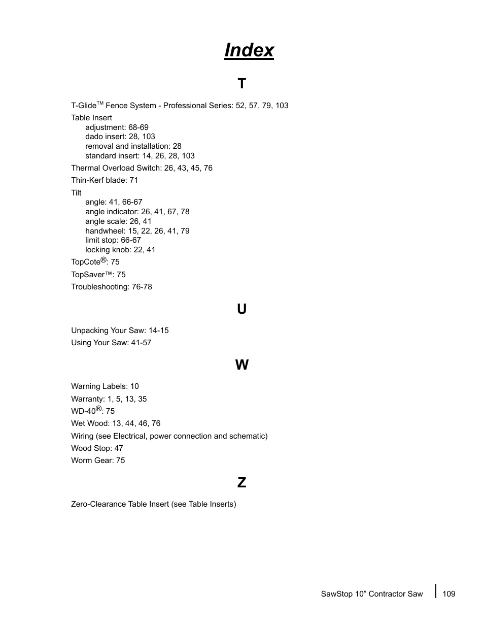 Index | SawStop CNS175-AU User Manual | Page 111 / 112