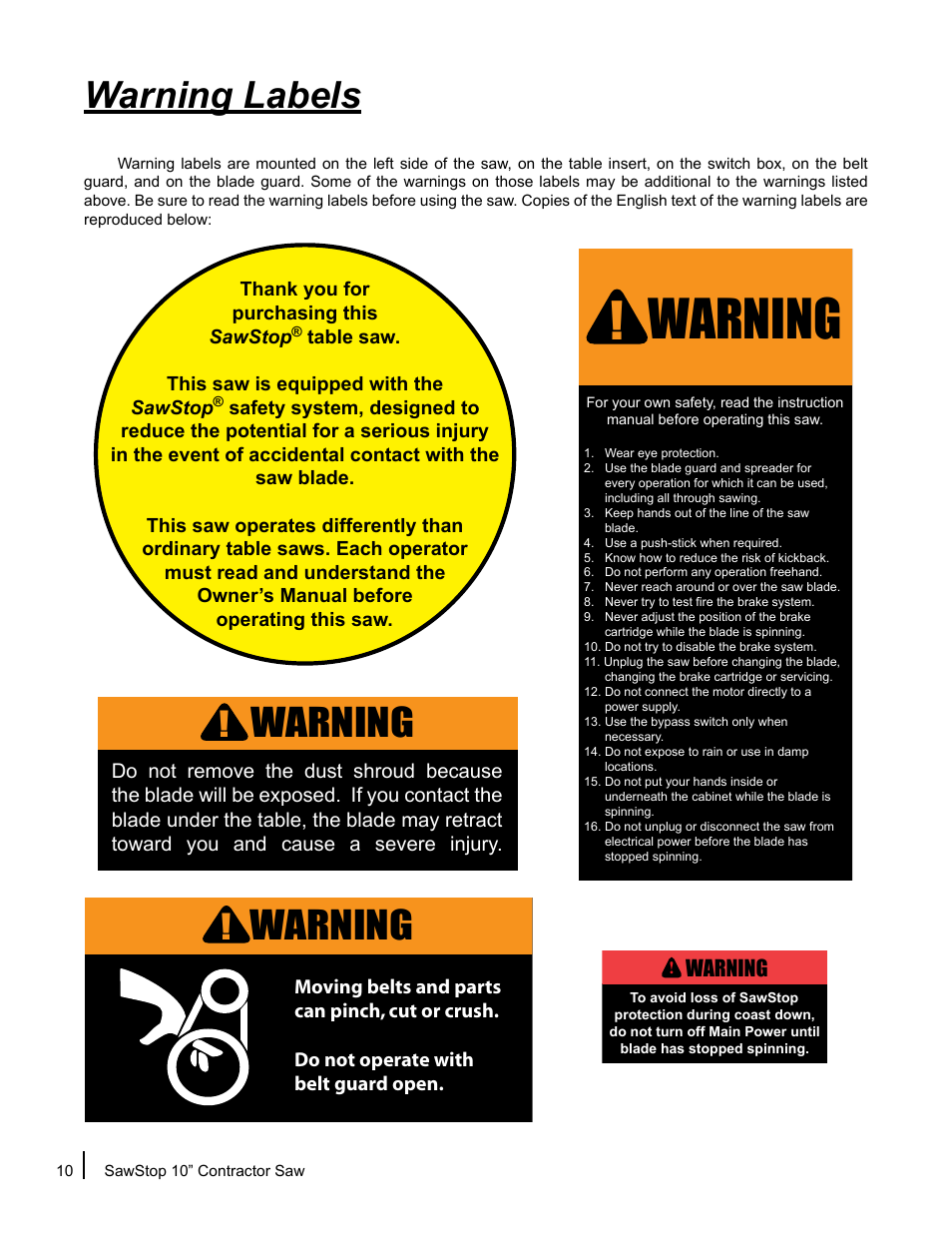 Warning, Warning labels | SawStop CNS175-AU User Manual | Page 12 / 112