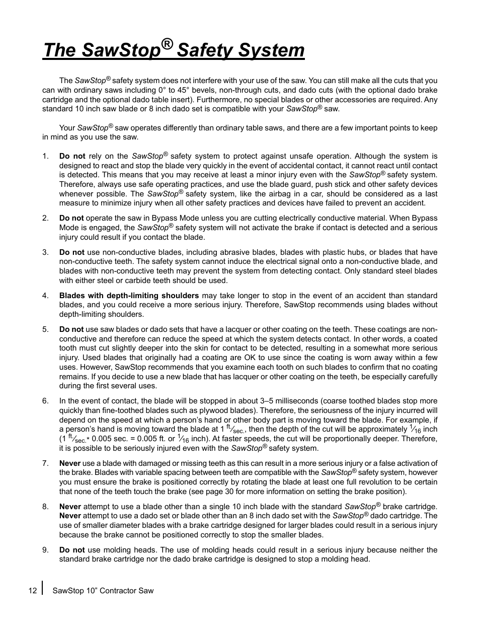 The sawstop safety system | SawStop CNS175-AU User Manual | Page 14 / 112