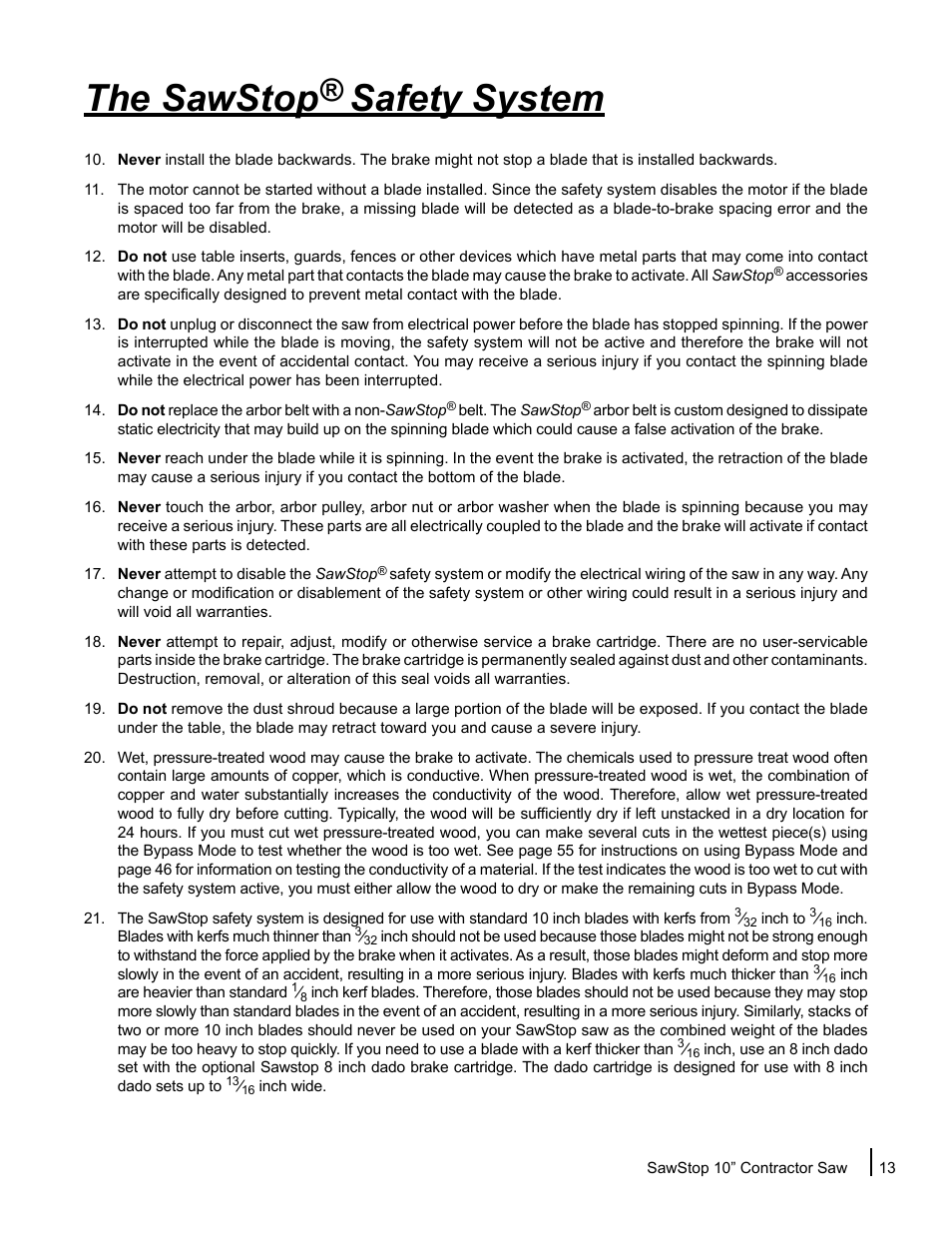 The sawstop safety system | SawStop CNS175-AU User Manual | Page 15 / 112