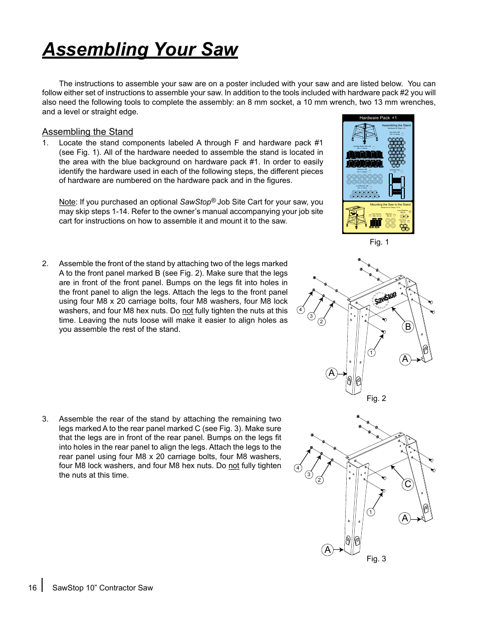 Assembling your saw, Assembling the stand, Ab a | Ac a, Fig. 1 | SawStop CNS175-AU User Manual | Page 18 / 112