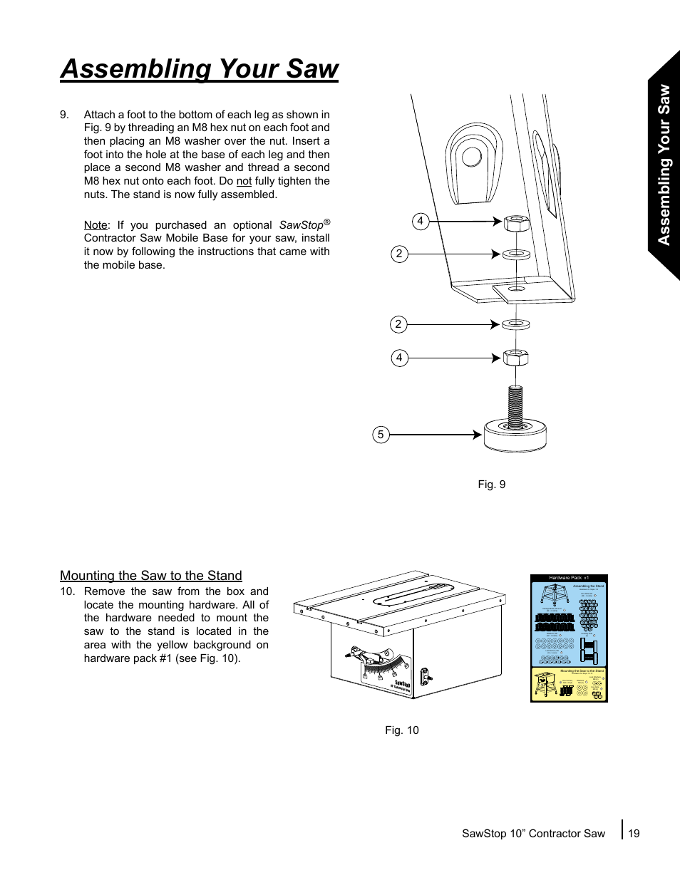 Assembling your saw, Mounting the saw to the stand, Sawstop 10” contractor saw 19 | SawStop CNS175-AU User Manual | Page 21 / 112