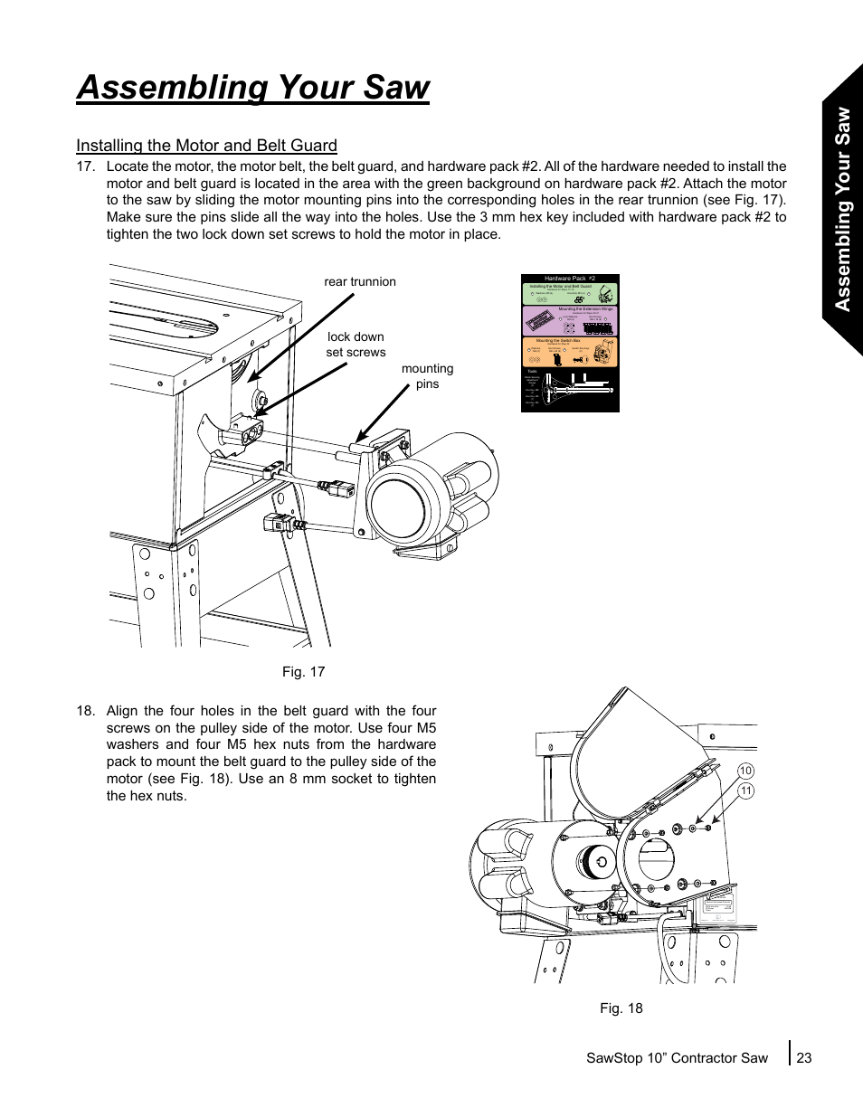 Assembling your saw, Installing the motor and belt guard, Sawstop 10” contractor saw 23 | Fig. 17 fig. 18, Rear trunnion | SawStop CNS175-AU User Manual | Page 25 / 112