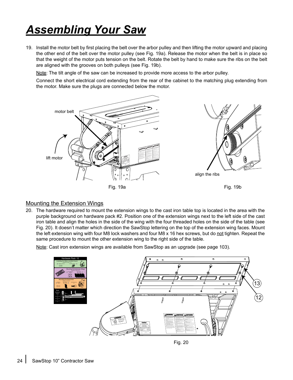 Assembling your saw, Mounting the extension wings | SawStop CNS175-AU User Manual | Page 26 / 112