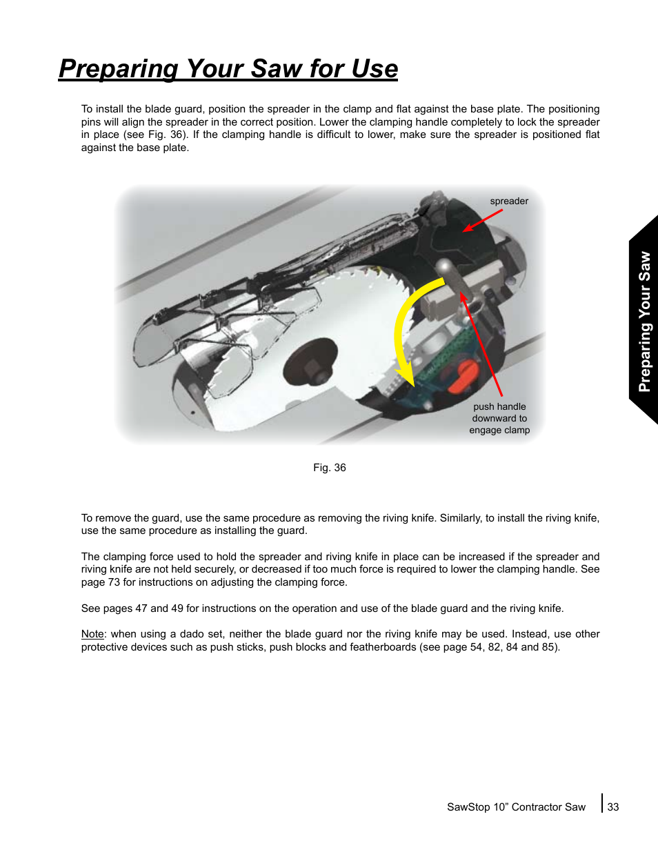 Preparing your saw for use, Preparing your saw | SawStop CNS175-AU User Manual | Page 35 / 112