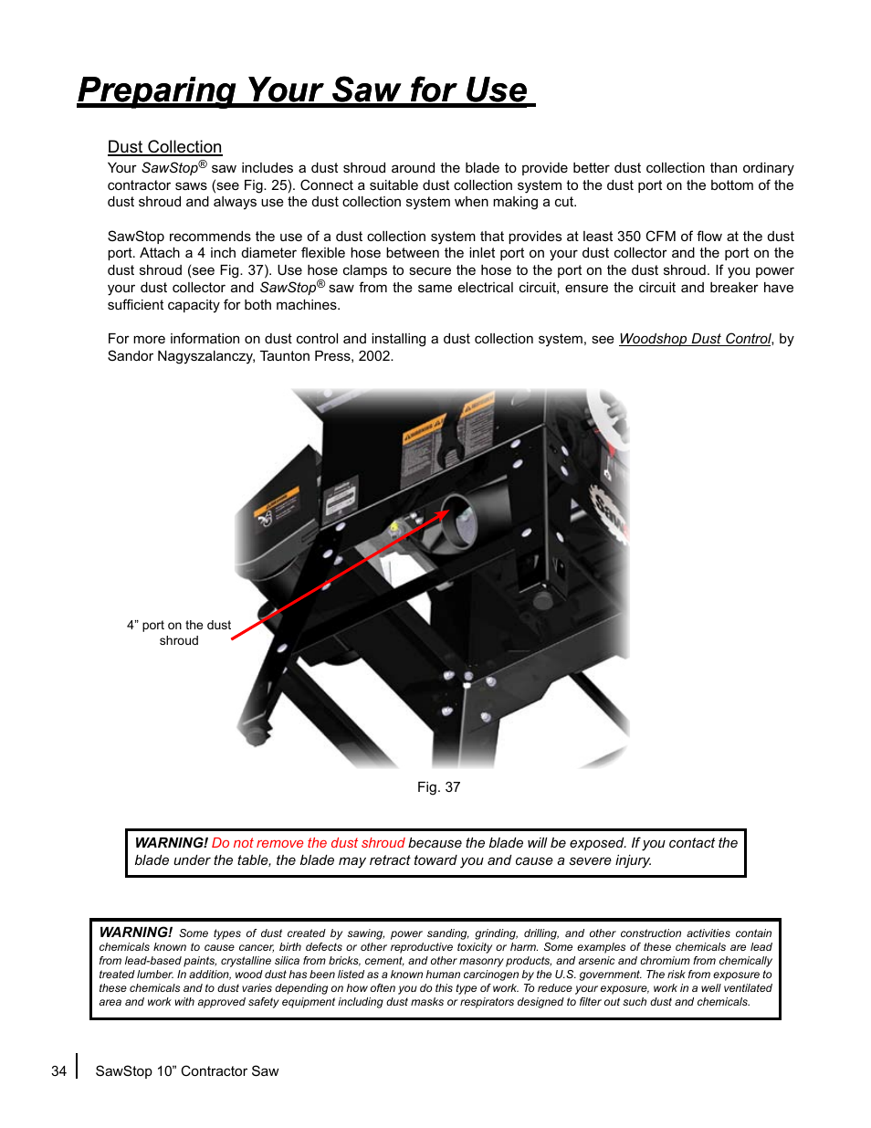 Preparing your saw for use | SawStop CNS175-AU User Manual | Page 36 / 112