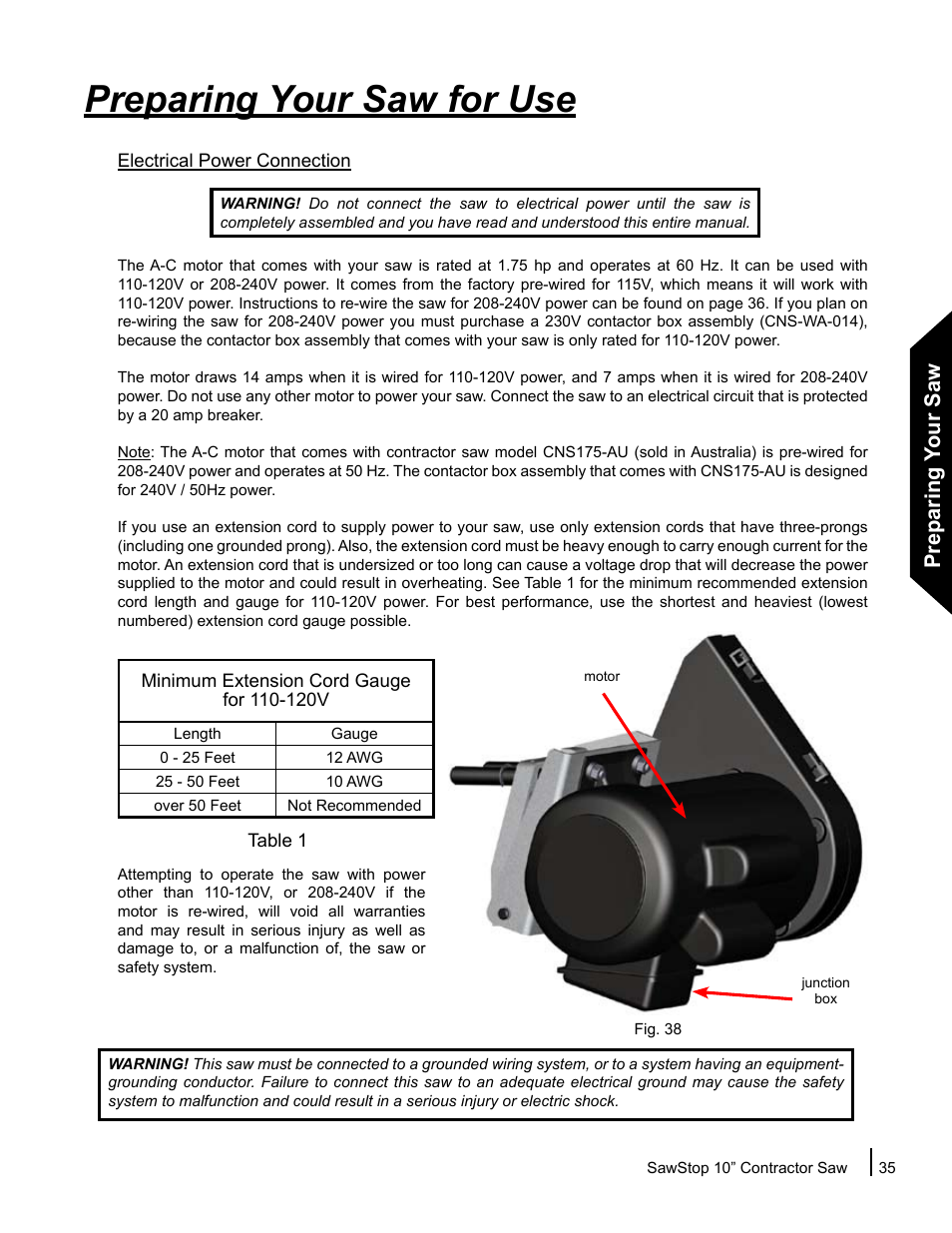 Preparing your saw for use, Preparing your saw | SawStop CNS175-AU User Manual | Page 37 / 112