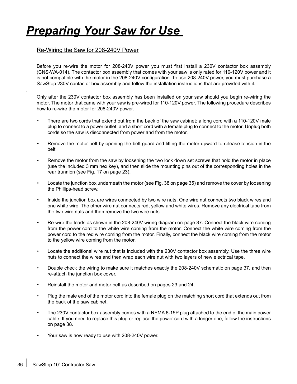 Preparing your saw for use | SawStop CNS175-AU User Manual | Page 38 / 112