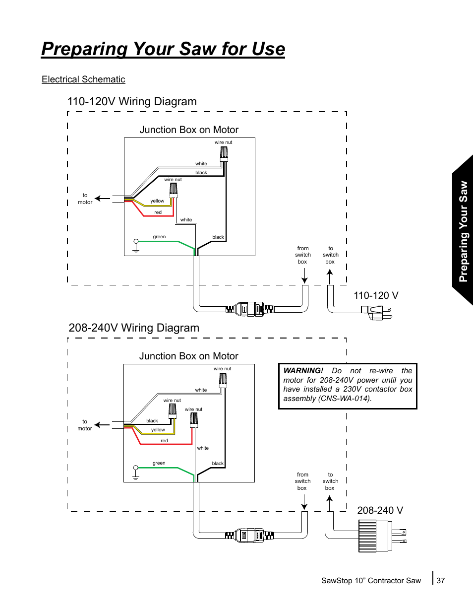 Preparing your saw for use, Preparing your saw, 120 v | Junction box on motor, 240 v, Electrical schematic | SawStop CNS175-AU User Manual | Page 39 / 112