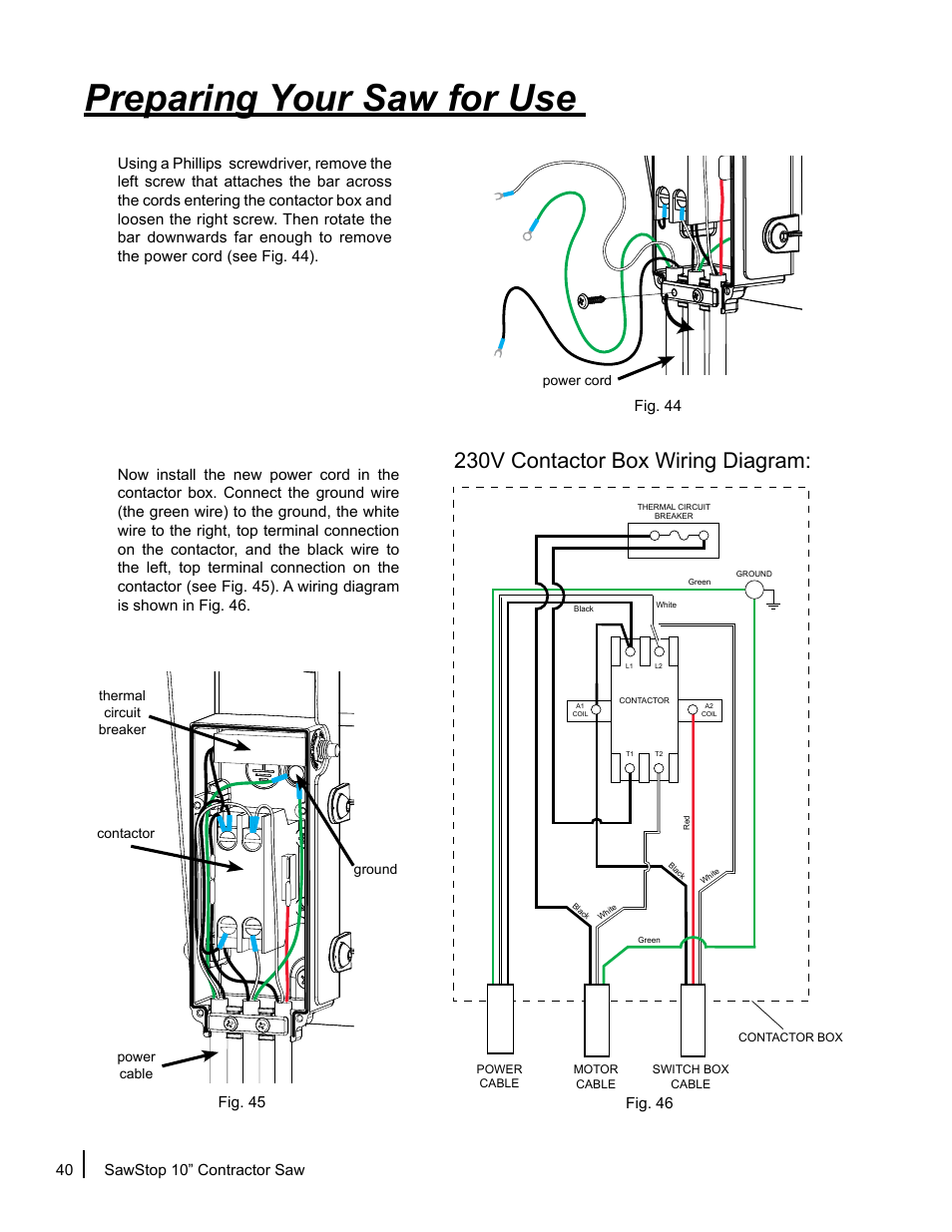 Preparing your saw for use, 230v contactor box wiring diagram | SawStop CNS175-AU User Manual | Page 42 / 112