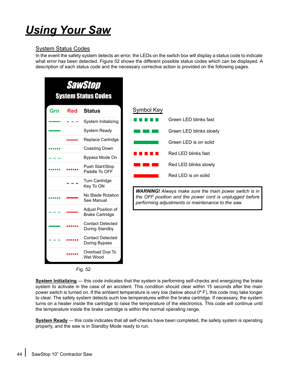 Using your saw, Sawstop, Symbol key | System status codes, Status red grn | SawStop CNS175-AU User Manual | Page 46 / 112