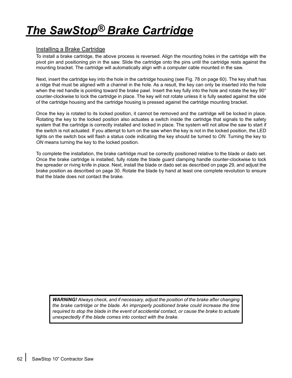 The sawstop brake cartridge | SawStop CNS175-AU User Manual | Page 64 / 112