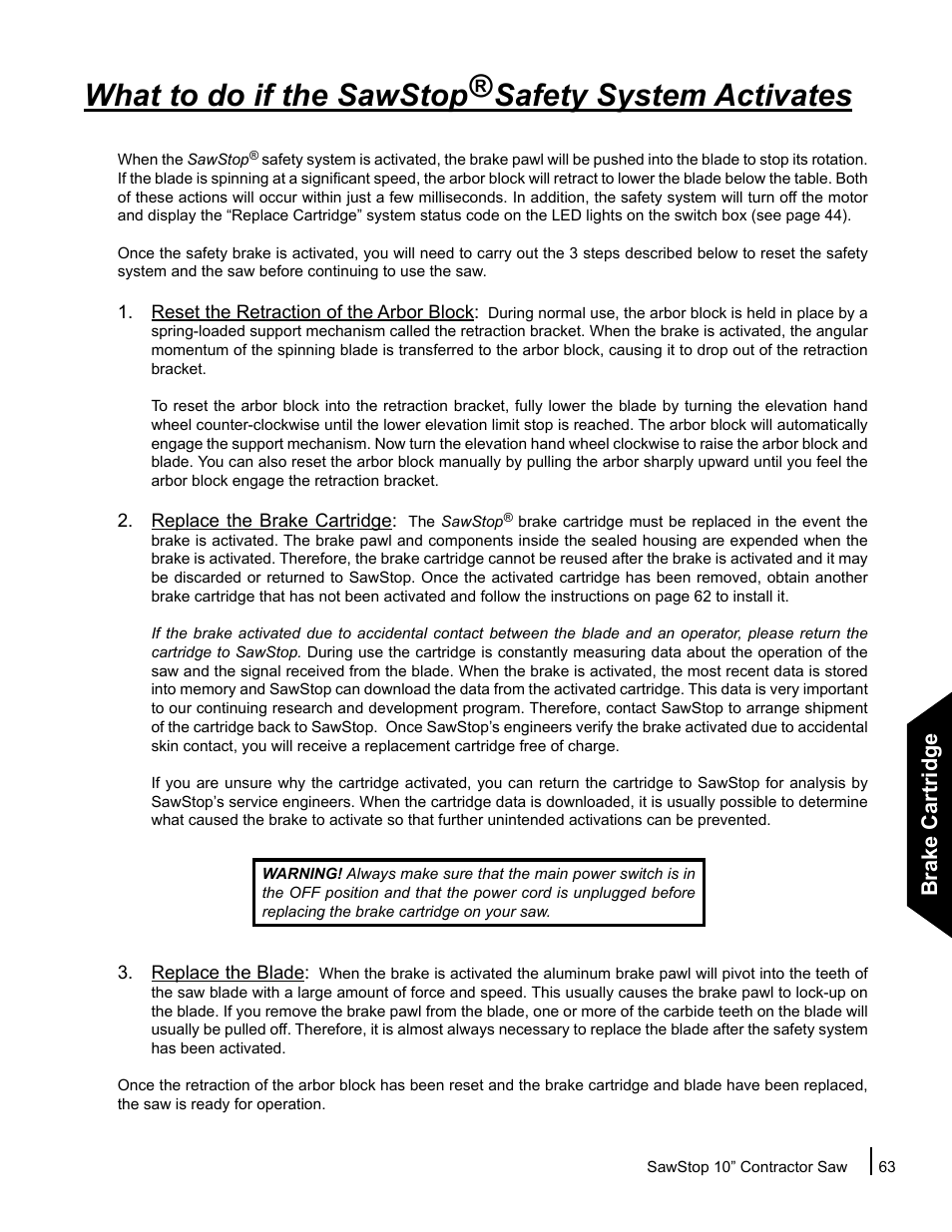 What to do if the sawstop safety system activates, Brake cartridge | SawStop CNS175-AU User Manual | Page 65 / 112