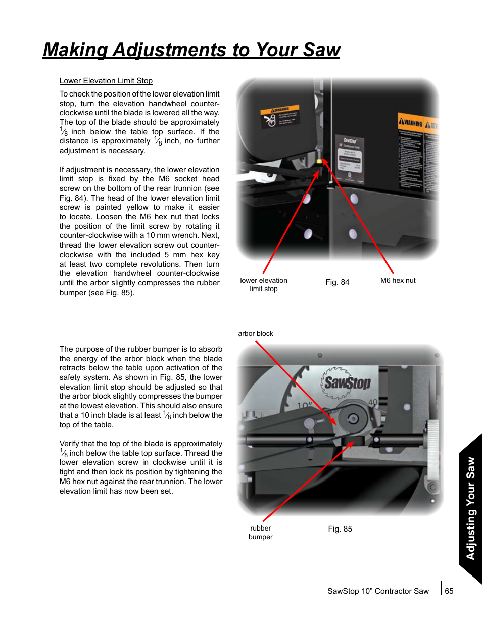 Making adjustments to your saw, Adjusting your saw | SawStop CNS175-AU User Manual | Page 67 / 112